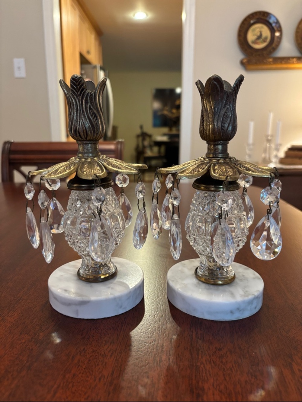 Vintage Hollywood Regency Crystal Brass Marble Candle Holder ITALIAN-PAIR - Picture 3 of 16